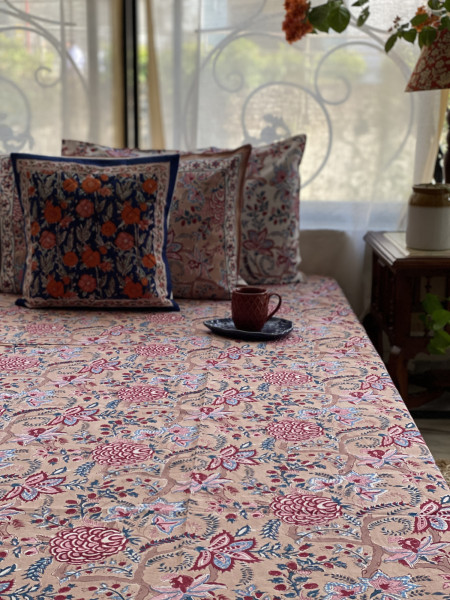 SALMON COTTON HAND BLOCK PRINT KING BEDSHEET