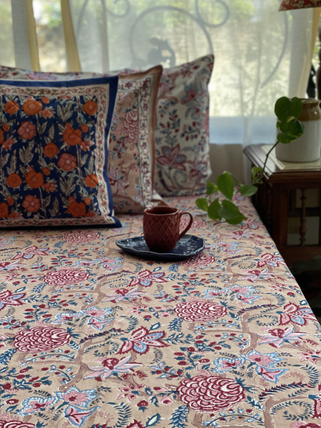 SALMON COTTON HAND BLOCK PRINT KING BEDSHEET