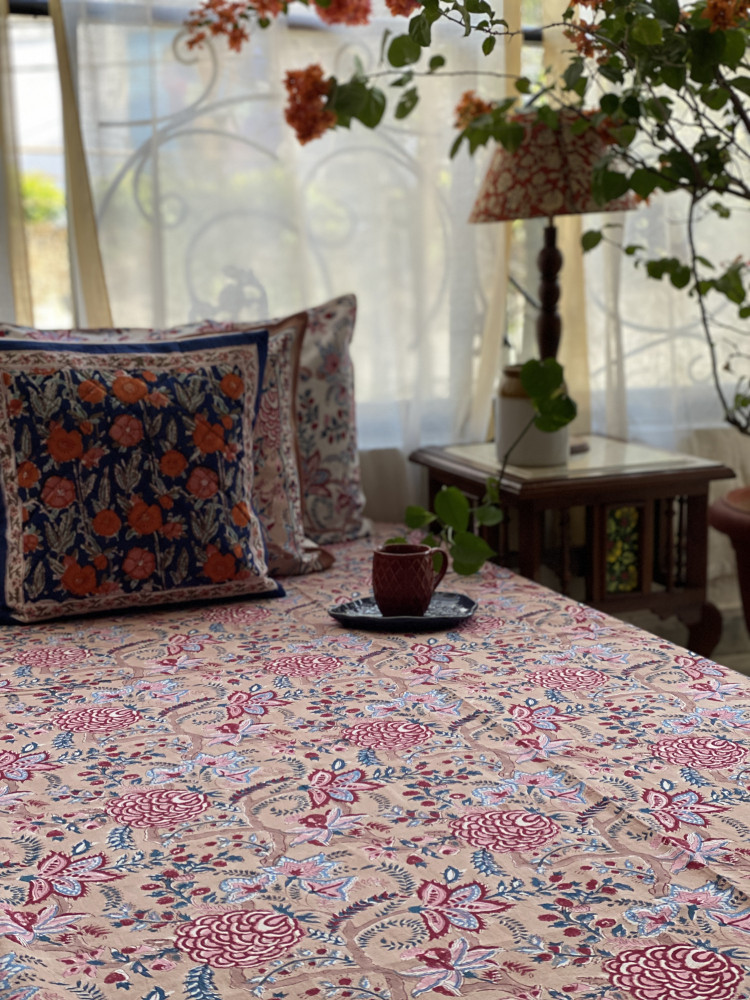 Image of SALMON COTTON HAND BLOCK PRINT KING BEDSHEET
