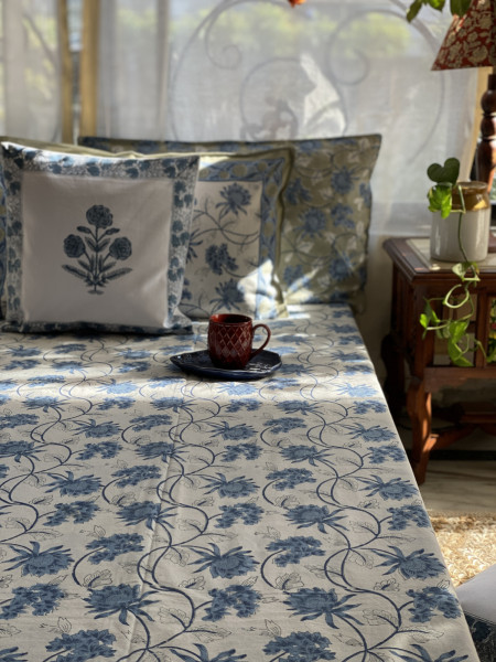 OFF WHITE-BLUE COTTON HAND BLOCK PRINT KING BEDSHEET