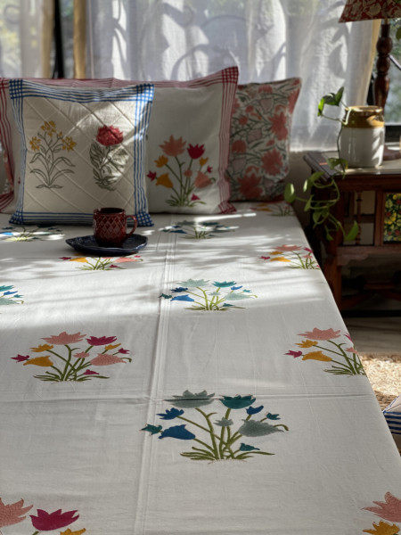 OFF WHITE COTTON HAND BLOCK PRINT KING BEDSHEET