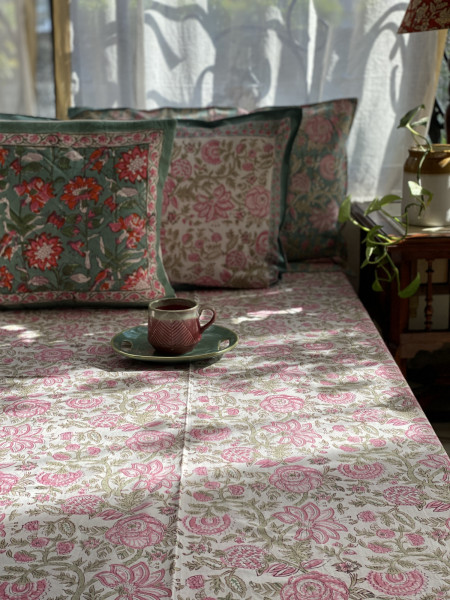 OFF WHITE COTTON HAND BLOCK PRINT KING BEDSHEET