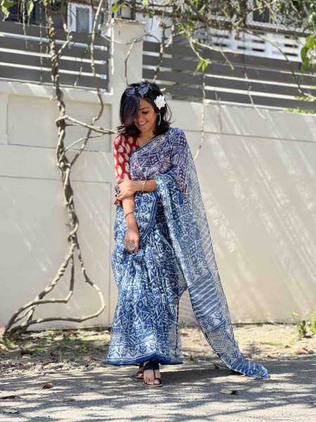 INDIGO HAND BLOCK PRINT COTTON KOTA SARI