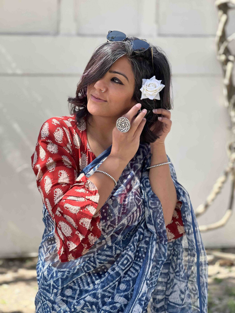 Image of INDIGO HAND BLOCK PRINT COTTON KOTA SARI