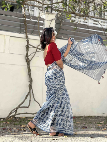 INDIGO HAND BLOCK PRINT COTTON KOTA SARI