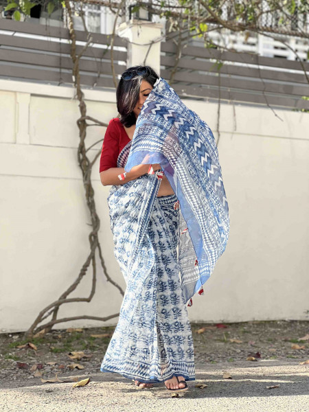 INDIGO HAND BLOCK PRINT COTTON KOTA SARI