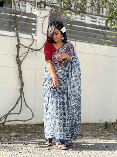 INDIGO HAND BLOCK PRINT COTTON KOTA SARI