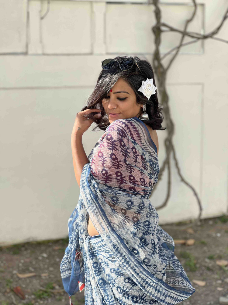 Image of INDIGO HAND BLOCK PRINT COTTON KOTA SARI