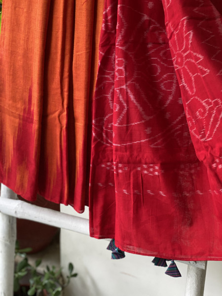 ORANGE-RED Cotton 'KARGIL KUMBHA' ikkat woven sari