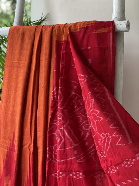 ORANGE-RED Cotton 'KARGIL KUMBHA' ikkat woven sari