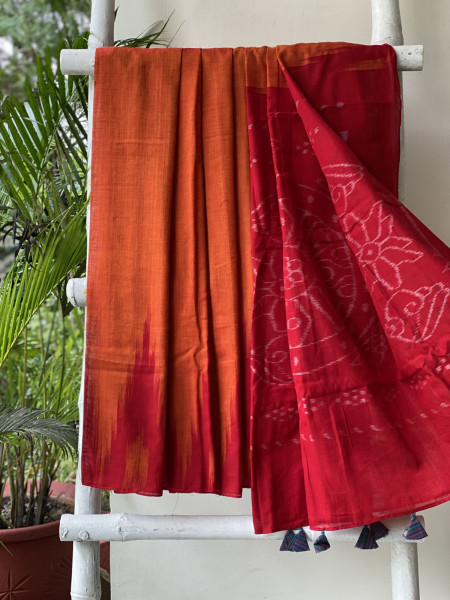 ORANGE-RED Cotton 'KARGIL KUMBHA' ikkat woven sari