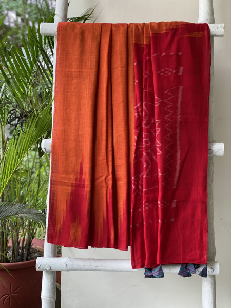 ORANGE-RED Cotton 'KARGIL KUMBHA' ikkat woven sari