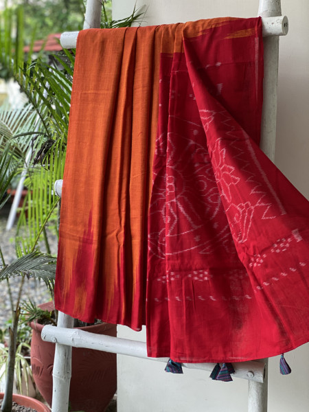 ORANGE-RED Cotton 'KARGIL KUMBHA' ikkat woven sari