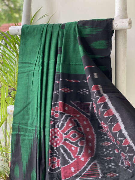 GREEN-BLACK Cotton 'KARGIL KUMBHA' ikkat woven sari