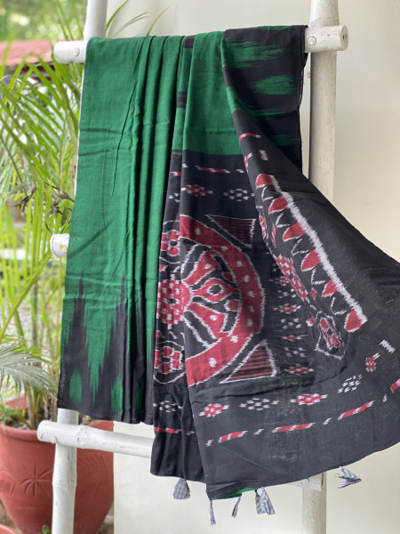 GREEN-BLACK Cotton 'KARGIL KUMBHA' ikkat woven sari