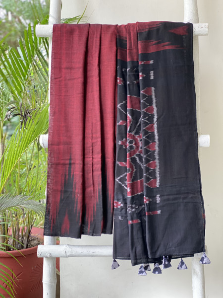 MAROON-BLACK Cotton 'KARGIL KUMBHA' ikkat woven sari