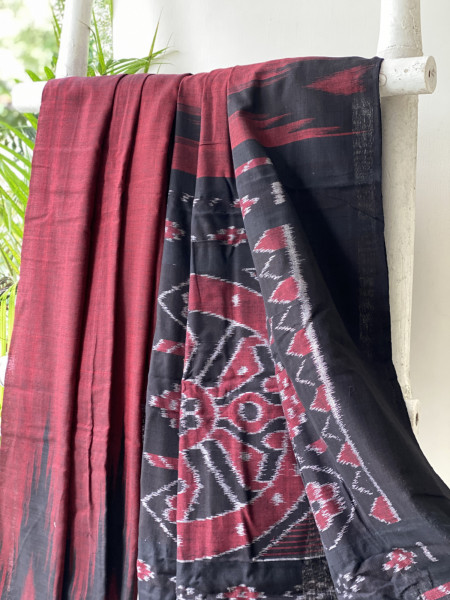 MAROON-BLACK Cotton 'KARGIL KUMBHA' ikkat woven sari