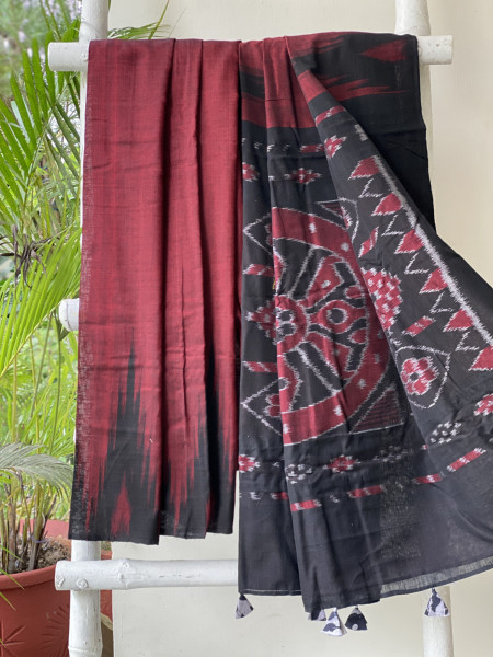 MAROON-BLACK Cotton 'KARGIL KUMBHA' ikkat woven sari