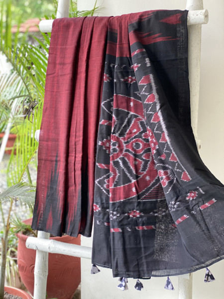 MAROON-BLACK Cotton 'KARGIL KUMBHA' ikkat woven sari