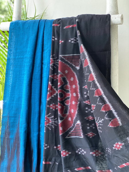 BLUE-BLACK Cotton 'KARGIL KUMBHA' ikkat woven sari