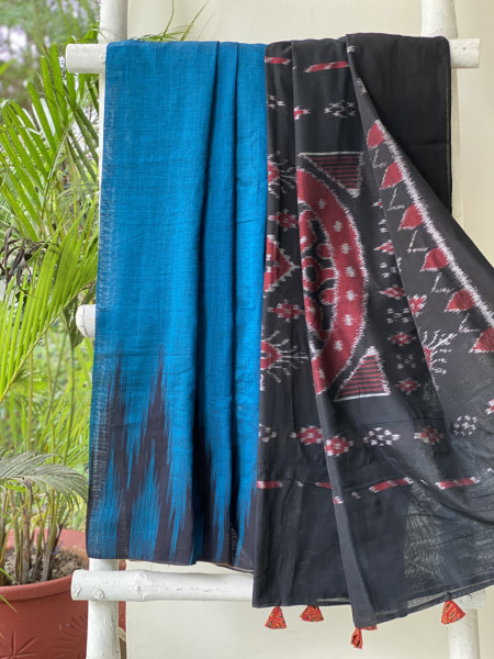 BLUE-BLACK Cotton 'KARGIL KUMBHA' ikkat woven sari