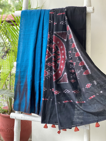 BLUE-BLACK Cotton 'KARGIL KUMBHA' ikkat woven sari