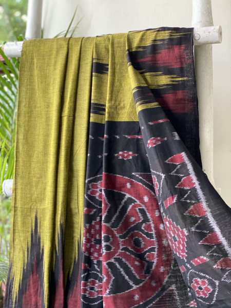 MEHNDI GREEN-BLACK Cotton 'KARGIL KUMBHA' ikkat woven sari