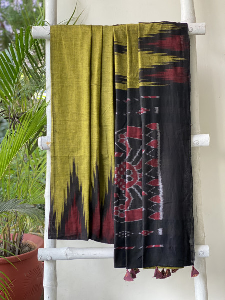 MEHNDI GREEN-BLACK Cotton 'KARGIL KUMBHA' ikkat woven sari