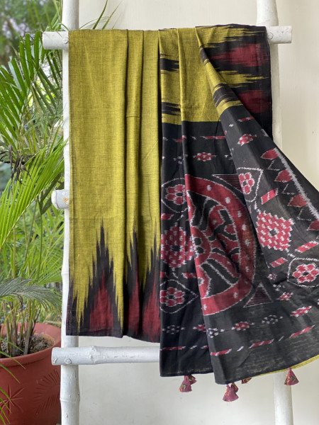 MEHNDI GREEN-BLACK Cotton 'KARGIL KUMBHA' ikkat woven sari