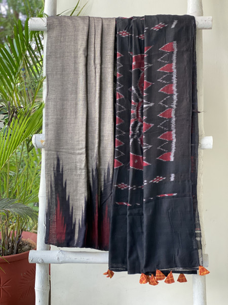 GREY-BLACK Cotton 'KARGIL KUMBHA' ikkat woven sari