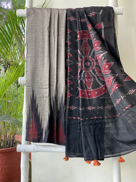 GREY-BLACK Cotton 'KARGIL KUMBHA' ikkat woven sari