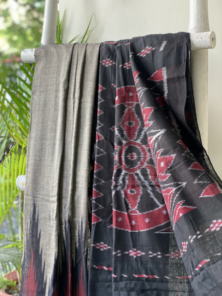 GREY-BLACK Cotton 'KARGIL KUMBHA' ikkat woven sari