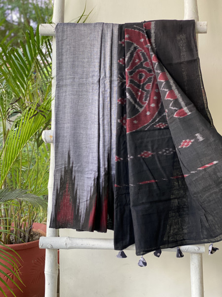 GREY-BLACK Cotton 'KARGIL KUMBHA' ikkat woven sari
