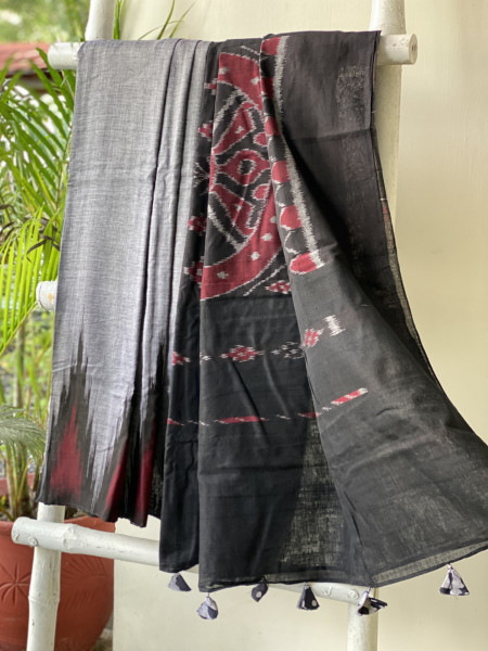 GREY-BLACK Cotton 'KARGIL KUMBHA' ikkat woven sari