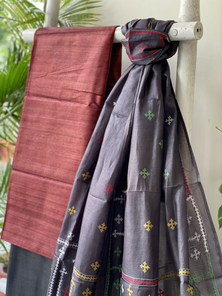 MAROON & BLACK TUSSAR SILK SINDHI EMBROIDERED dupatta  SET