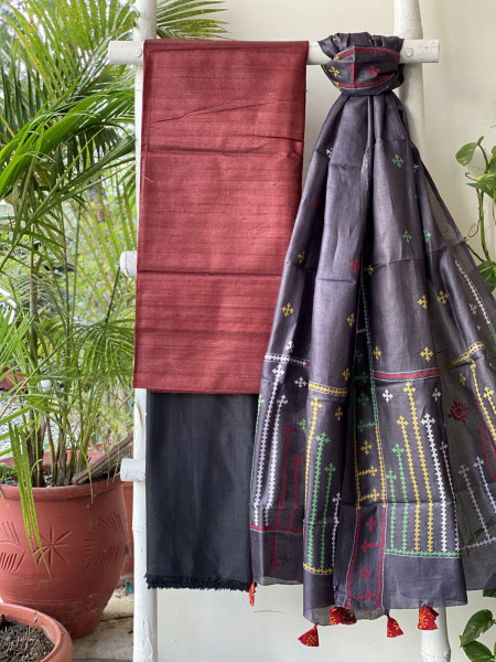 MAROON & BLACK TUSSAR SILK SINDHI EMBROIDERED dupatta  SET