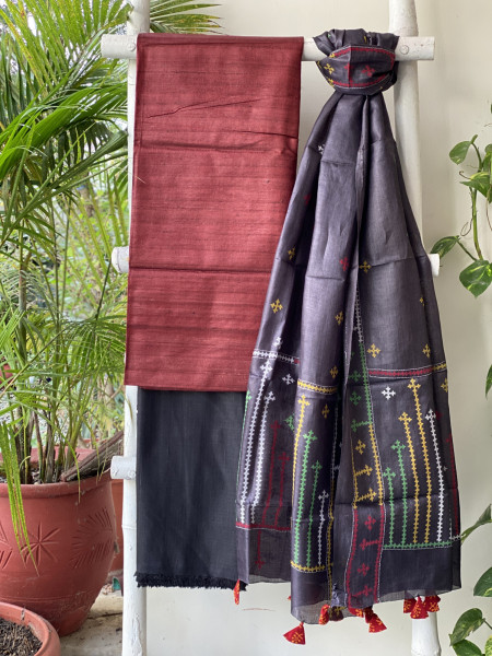 MAROON & BLACK TUSSAR SILK SINDHI EMBROIDERED dupatta  SET