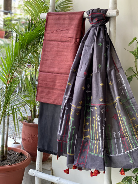 MAROON & BLACK TUSSAR SILK SINDHI EMBROIDERED dupatta  SET