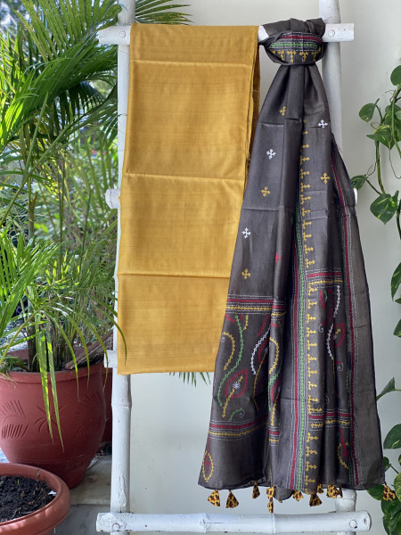 MUSTARD & MOSS GREEN TUSSAR SILK SINDHI EMBROIDERED dupatta  SET