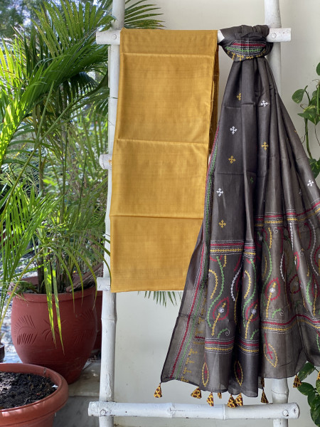 MUSTARD & MOSS GREEN TUSSAR SILK SINDHI EMBROIDERED dupatta  SET