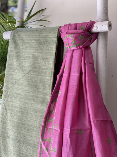 MINT GREEN & PINK TUSSAR SILK SINDHI EMBROIDERED dupatta  SET