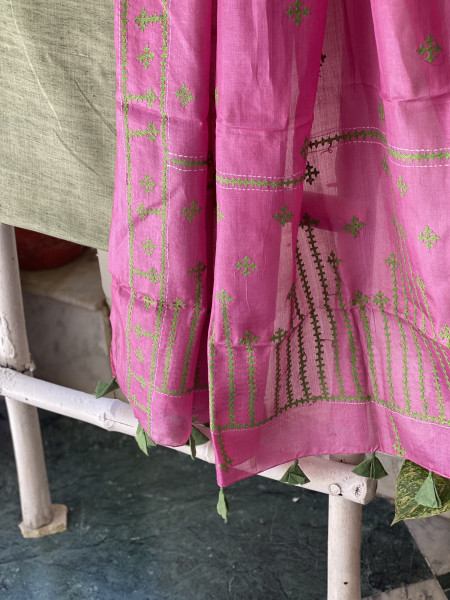 MINT GREEN & PINK TUSSAR SILK SINDHI EMBROIDERED dupatta  SET