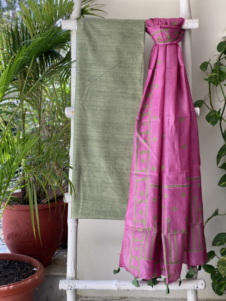 MINT GREEN & PINK TUSSAR SILK SINDHI EMBROIDERED dupatta  SET