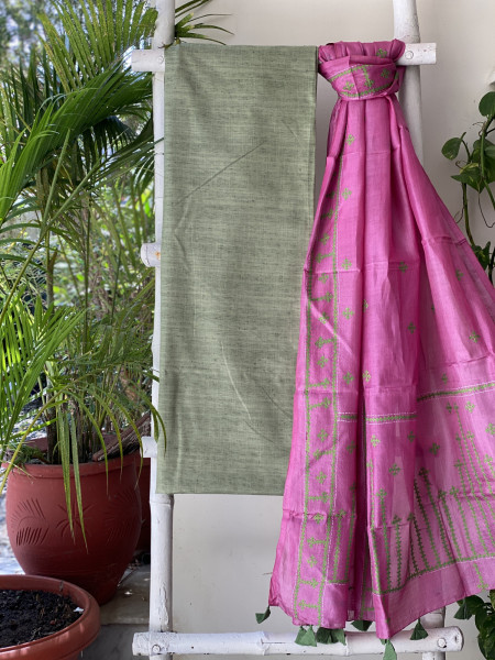 MINT GREEN & PINK TUSSAR SILK SINDHI EMBROIDERED dupatta  SET
