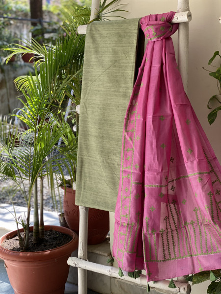 MINT GREEN & PINK TUSSAR SILK SINDHI EMBROIDERED dupatta  SET
