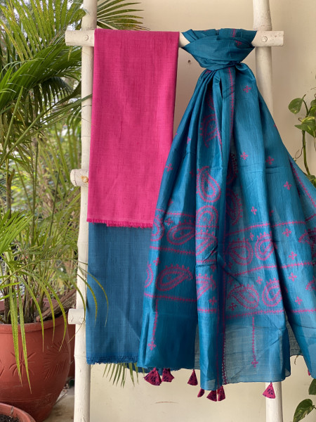 MAGENTA & PEACOCK BLUE TUSSAR SILK SINDHI EMBROIDERED dupatta  SET