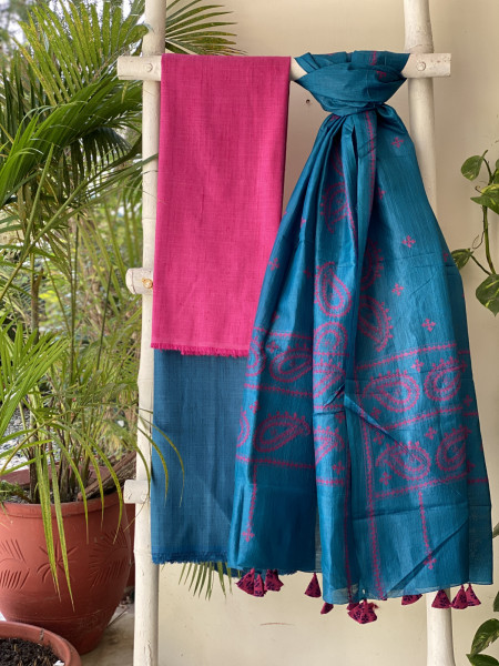 MAGENTA & PEACOCK BLUE TUSSAR SILK SINDHI EMBROIDERED dupatta  SET