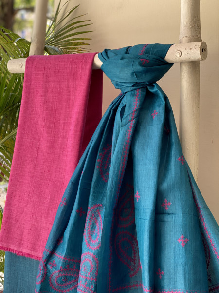 MAGENTA & PEACOCK BLUE TUSSAR SILK SINDHI EMBROIDERED dupatta  SET