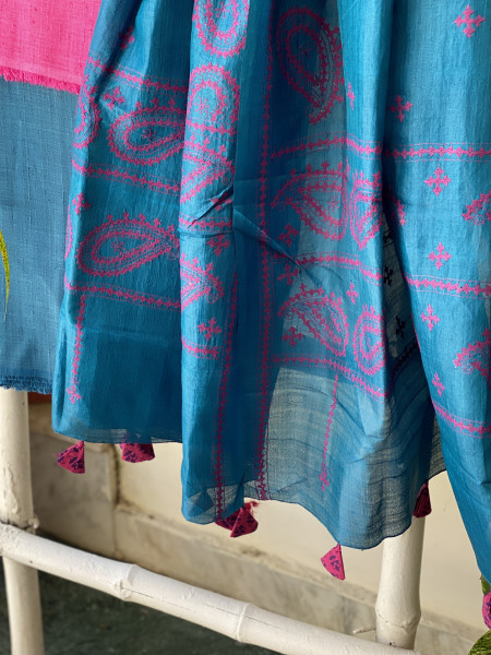 MAGENTA & PEACOCK BLUE TUSSAR SILK SINDHI EMBROIDERED dupatta  SET