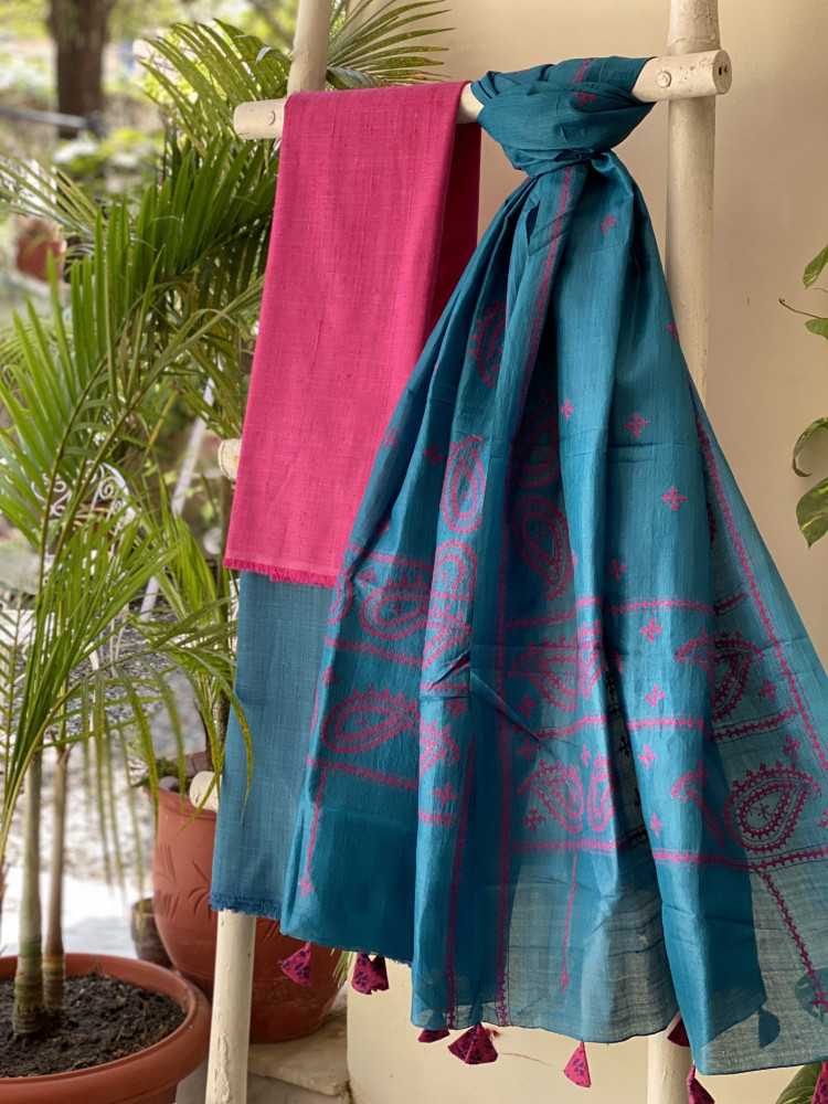 Image of MAGENTA &amp; PEACOCK BLUE TUSSAR SILK SINDHI EMBROIDERED dupatta  SET